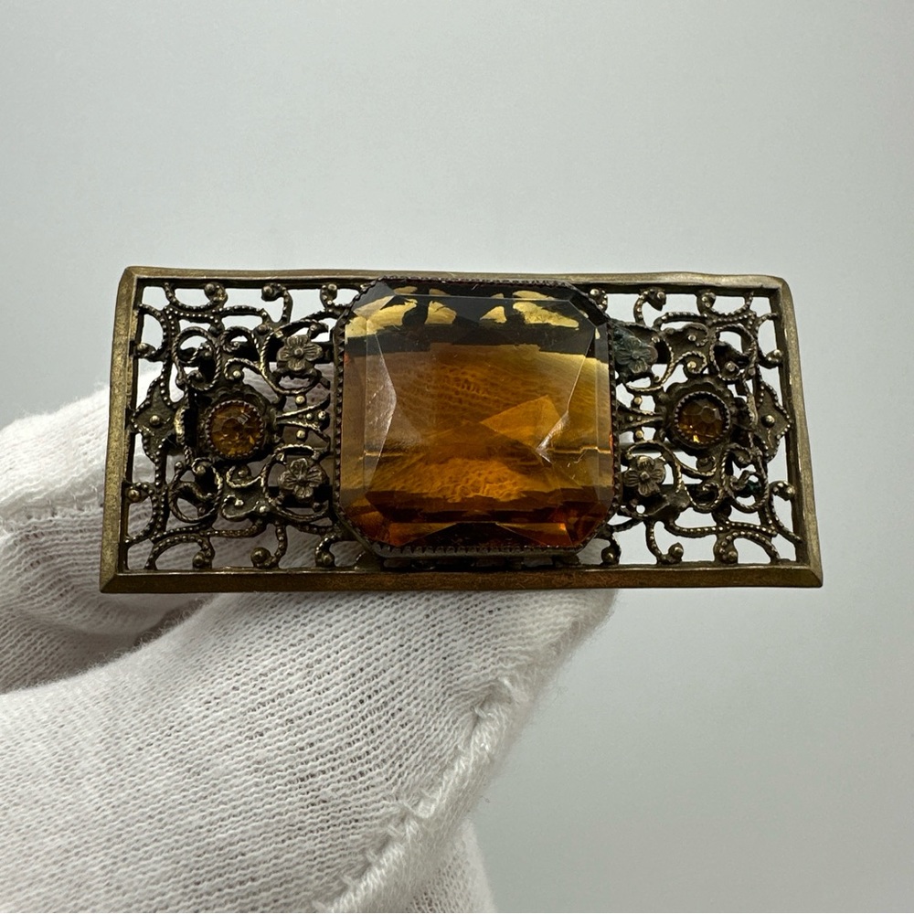 Antique Edwardian‎ Brass Faceted Amber Glass Leaf Brooch #632